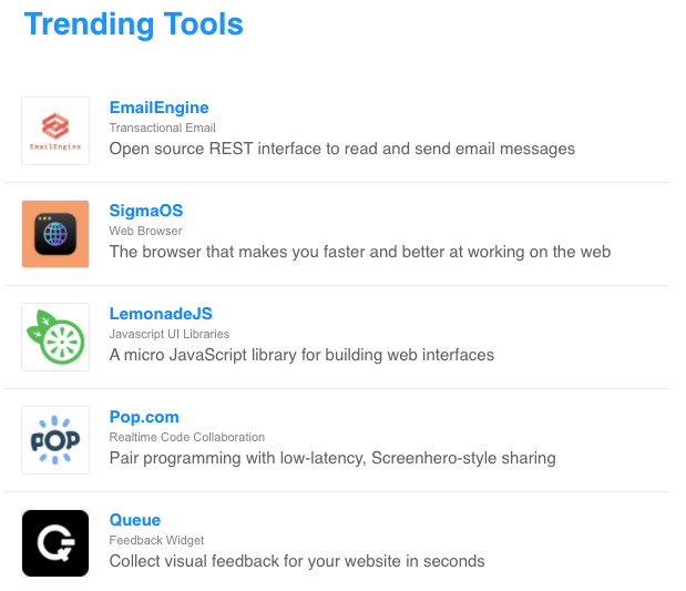 📈 ICYMI: Top 5 New Trending Tools 👇🏾

1. <a href="/emailengine/">EmailEngine</a>
2. <a href="/SigmaOS_HQ/">SigmaOS (old account)</a>
3. LemonadeJS
4. <a href="/PopMeetings/">Pop</a>
5. <a href="/usequeue/">Queue</a>

👉🏾  buff.ly/38BXCJu

🗞 Subscribe to StackShare Weekly: buff.ly/2ITXh8k