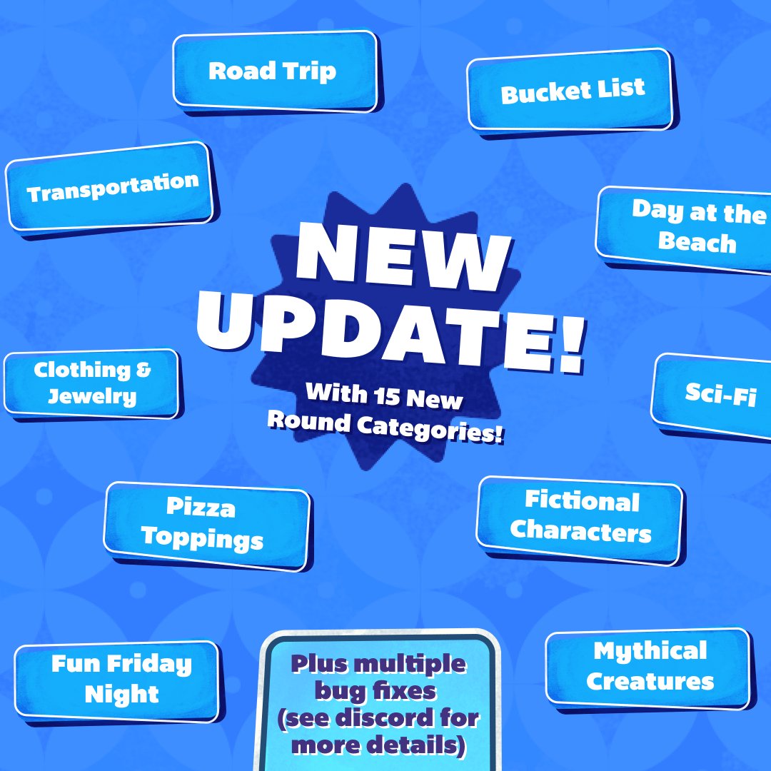weplayontv's tweet photo. NEW UPDATE! This patch includes 15 new round categories as well as some minor bug fixes &amp; improved reconnect logic for disconnected players. Now available to all users (no download necessary). For more details of these changes, check out our Discord (link in bio). 
19w https://t.co/dvPRS00ICn