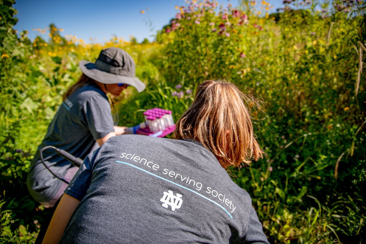 Two women crouch near a stream in a field at the Notre Dame Linked Experimental Ecosystem Facility to test water samples. They are both wearing t-shirts reading "Science serving society"