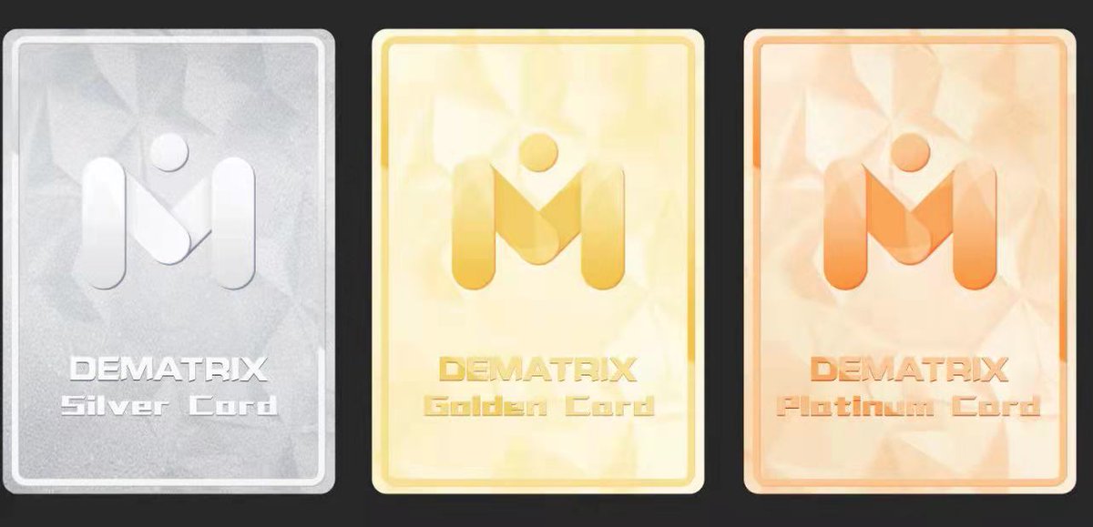 To all Dematrix and NFT fans : 
Dematrix Plat card will be available on 🧭 4th Sep. 12:00 UTC
Three different kinds of cards will be sold on OEC , 
and guys who owned the cards can obtain some really cool things which will be explained later. 
Stay tuned !