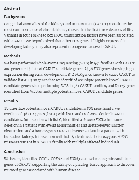 ASPNeph's tweet photo. Whole exome sequencing identifies #FOXL2, #FOXA2 and #FOXA3 as candidate genes for monogenic congenital anomalies of the kidneys and urinary tract @NDTsocial  #CAKUT #pedneph
https://t.co/UCnccrY6Ly https://t.co/cxlqHEp1nr