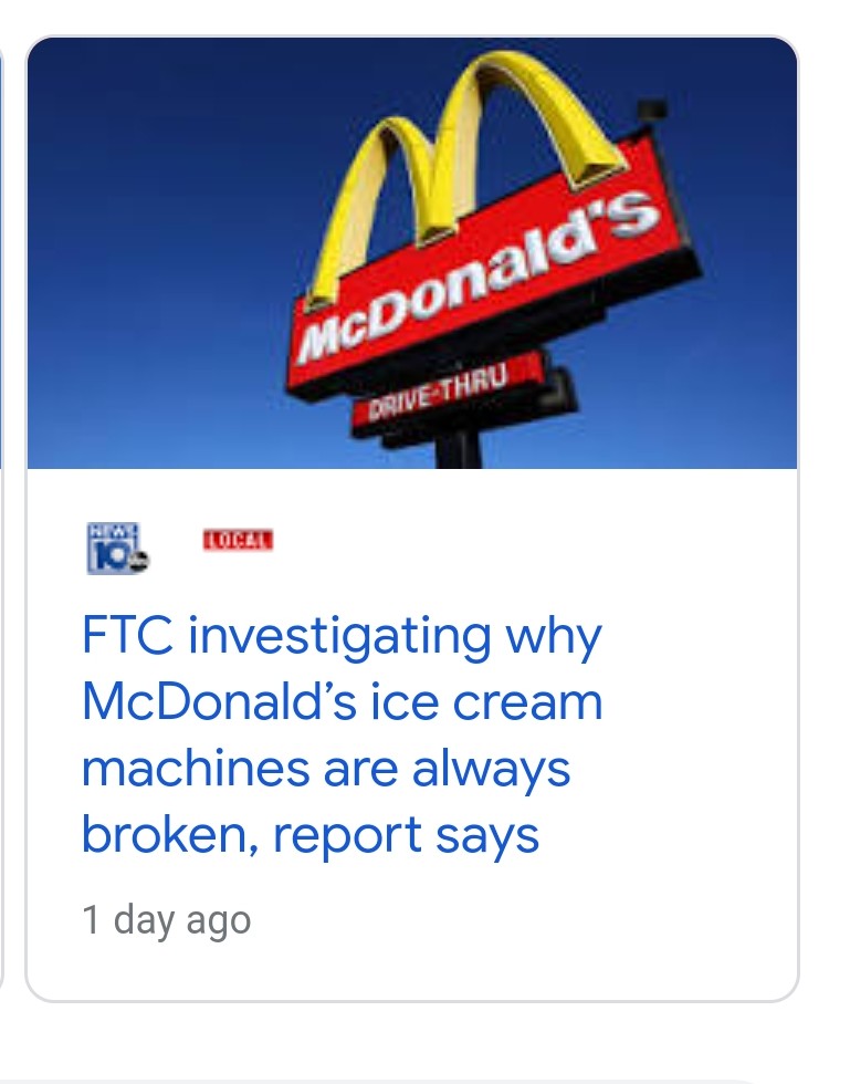 TAdams1604's tweet photo. I'm dying at the fact the Government is launching an investigation into why McDonald's ice cream machines are always down. Happy to see our tax money being used on something important. https://t.co/xxPsksbrbL
