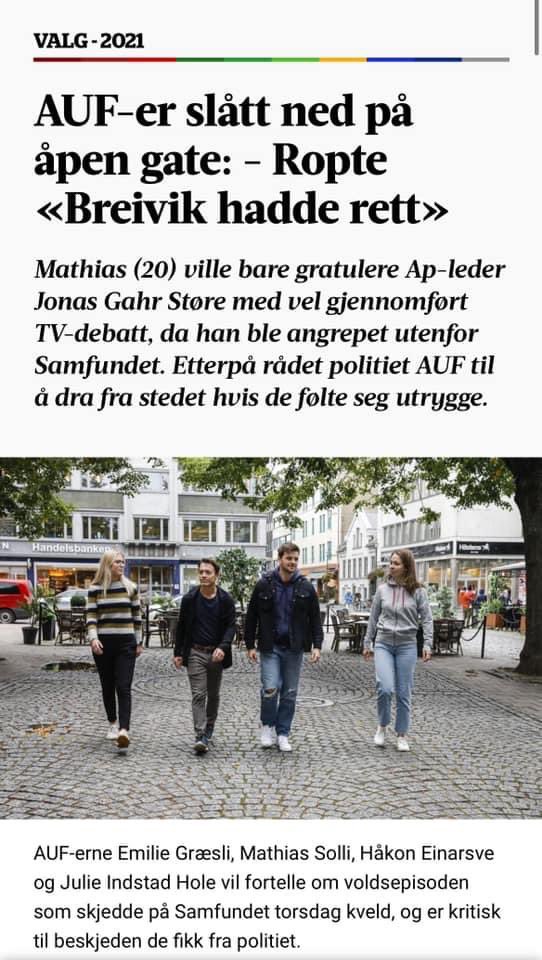 Dette er spinnvilt, men dessverre ikke så overraskende. Ungdomspolitikere skal ikke selv ha ansvaret for sin trygghet i en slik situasjon. Det er politiet og storsamfunnet sitt ansvar at det er trygt for unge å engasjere seg politisk.