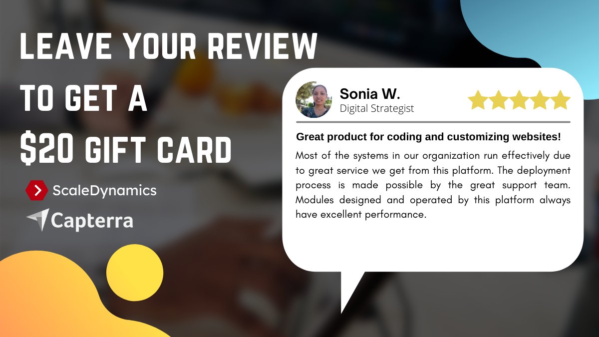 📢Leave a review and get a $20 gift card!
Let us know what you love about our platform and what you think we should work on next!
Share your experience on <a href="/Capterra/">Capterra</a> and help others find their perfect software bit.ly/3eFuaFM 
#capterra #cloud #webdev #JavaScript #Nodejs