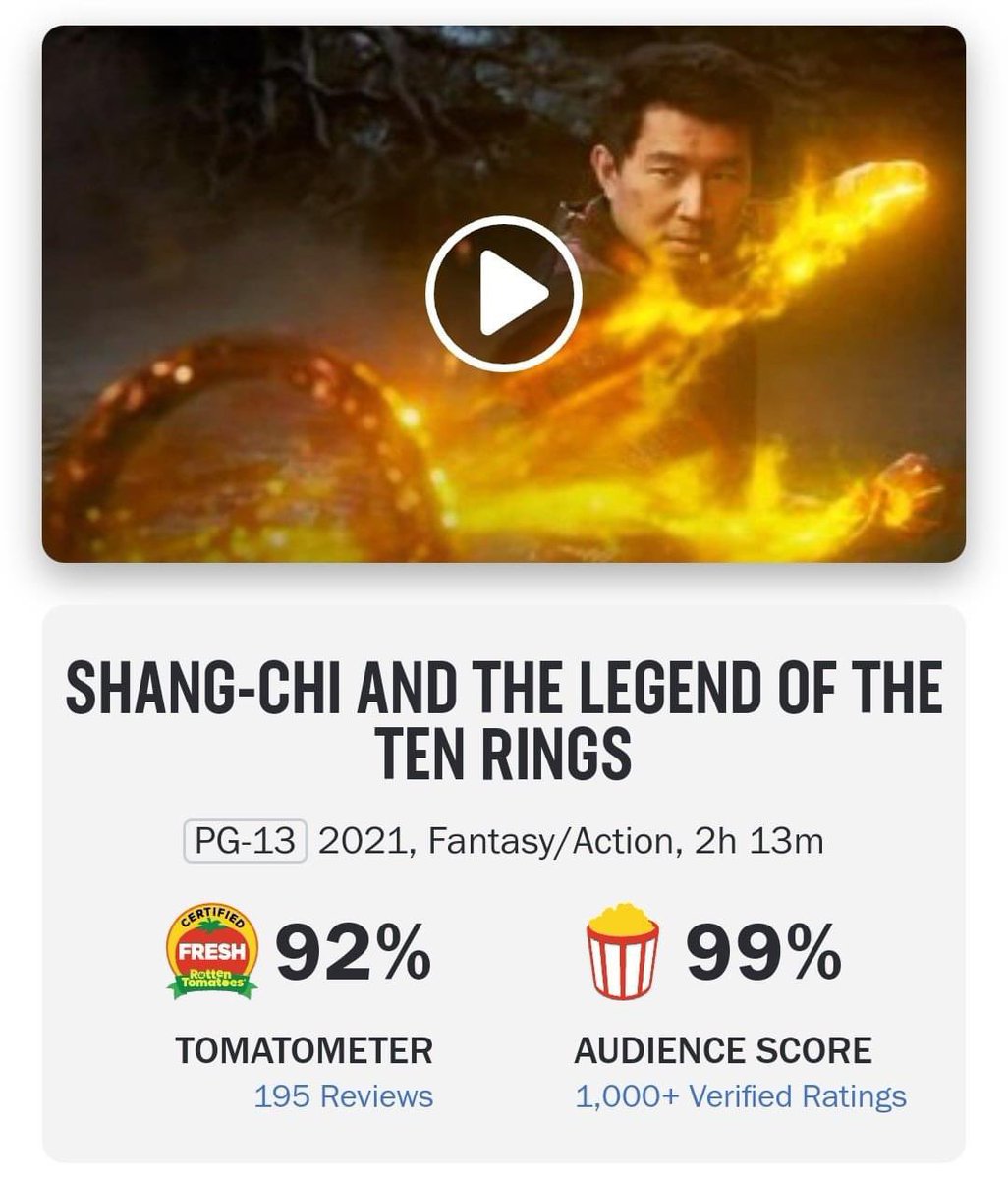 #ShangChi and the Legend of #TheTenRings  debuta con un 91% de parte de la critica y un 99% de aprobación del público en #RottenTomatoes. ¿Ustedes ya la vieron? ¡Díganos qué les pareció!