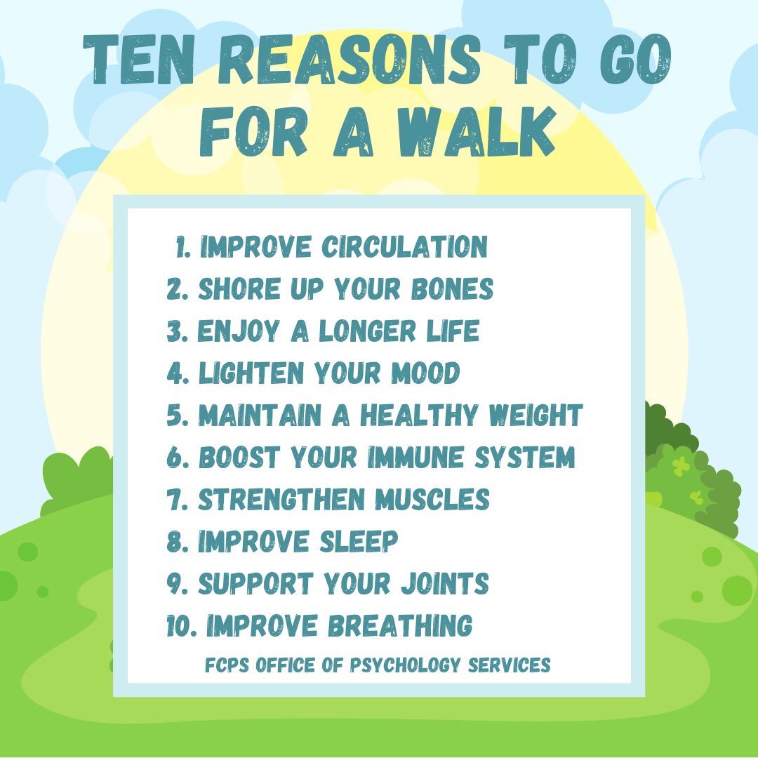 #tipfortoday on this long weekend, enjoy the weather, and go for a walk! Walking can be a great self-care activity that helps improve your physical health as well #mentalhealth <a href="/fcpsnews/">Fairfax Schools 🌟</a>