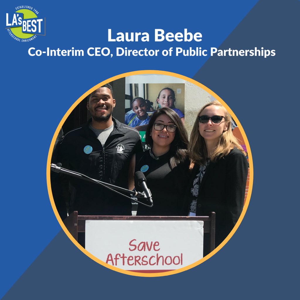 LA's BEST (@lasbest) on Twitter photo Learn about our new Co-Interim CEO <a href="/lauratbeebe/">Laura Beebe</a>: Laura joined LA’s BEST in Spring 2016. She works with the organization’s public partners – including the City of Los Angeles and LAUSD School Board – and on advocacy efforts at the local, state and federal levels. Learn about our new Co-Interim CEO <a href="/lauratbeebe/">Laura Beebe</a>: Laura joined LA’s BEST in Spring 2016. She works with the organization’s public partners – including the City of Los Angeles and LAUSD School Board – and on advocacy efforts at the local, state and federal levels.