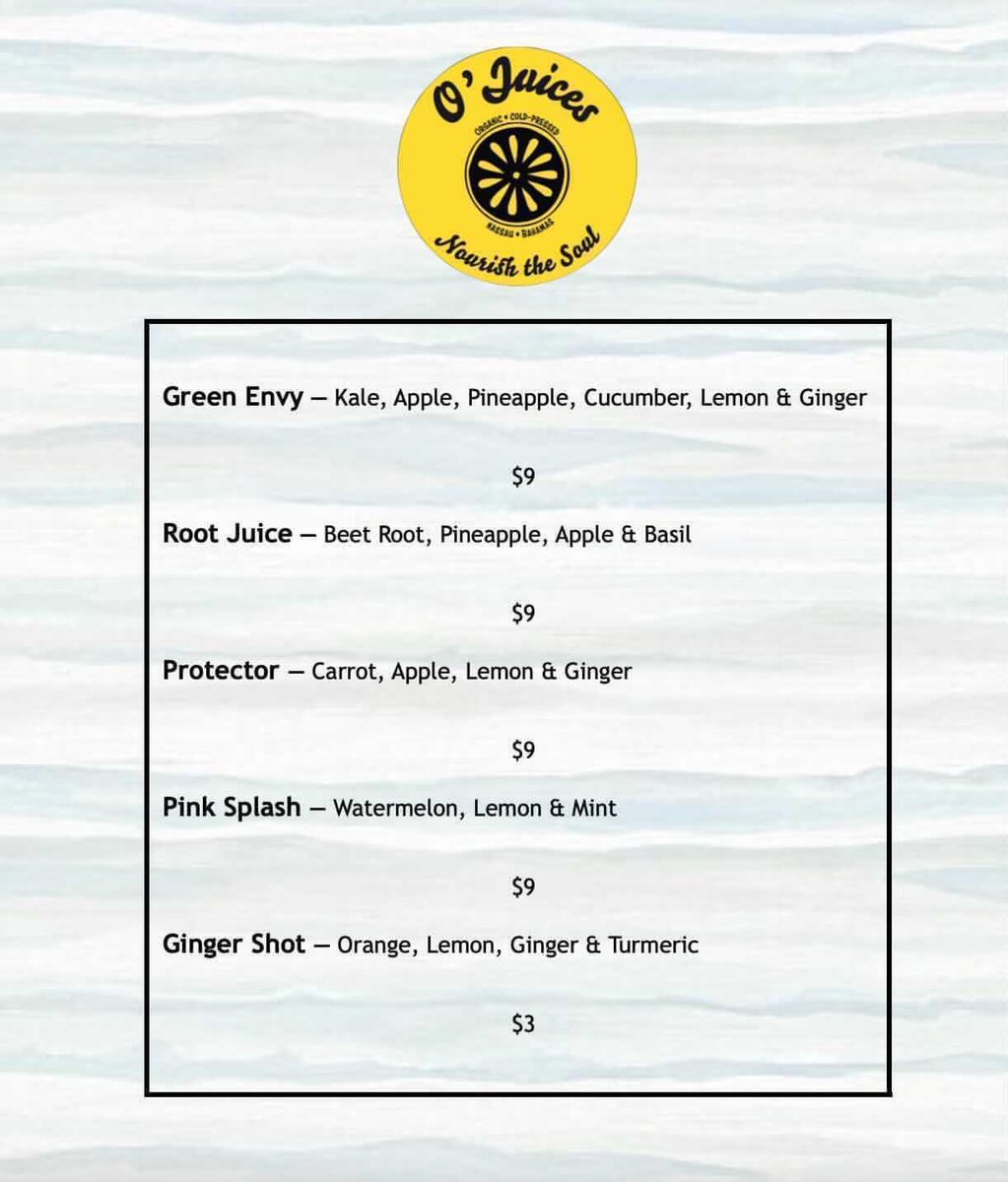 𝗢’𝗝𝘂𝗶𝗰𝗲𝘀 𝗢𝗿𝗴𝗮𝗻𝗶𝗰 𝗖𝗼𝗹𝗱-𝗣𝗿𝗲𝘀𝘀𝗲𝗱 ☀️

Here is our Official 𝗠𝗲𝗻𝘂, where you can find our different juice flavors, our ginger shot, listed ingredients, and our prices! 

𝗙𝗿𝗲𝗲 𝗗𝗲𝗹𝗶𝘃𝗲𝗿𝘆 right to you 🚚💛