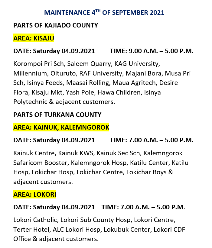 Hello, please find areas scheduled for maintenance tomorrow Saturday, 4th of September 2021.^MM