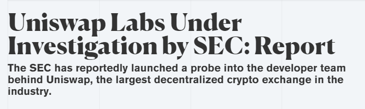 ICO Drops (@icodrops) on Twitter photo The U.S. Securities and Exchange Commission (SEC) has launched a probe into <a href="/Uniswap/">Uniswap Labs 🦄</a>, the company behind decentralized exchange #Uniswap.
The SEC is seeking to obtain information about how investors use the trading platform and how it is marketed.
decrypt.co/80130/uniswap-… The U.S. Securities and Exchange Commission (SEC) has launched a probe into <a href="/Uniswap/">Uniswap Labs 🦄</a>, the company behind decentralized exchange #Uniswap.
The SEC is seeking to obtain information about how investors use the trading platform and how it is marketed.
decrypt.co/80130/uniswap-…
