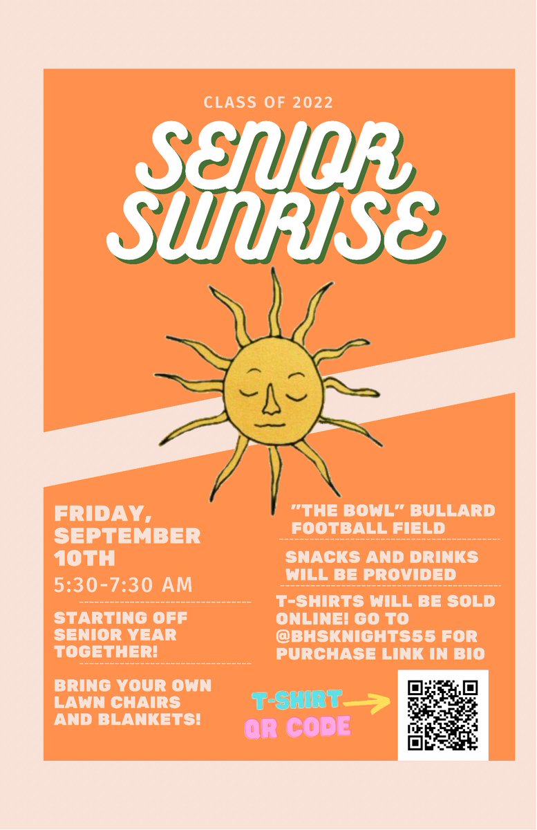Senior Sunrise!!! Next Friday! Deadline to order shirts is today at 2pm!