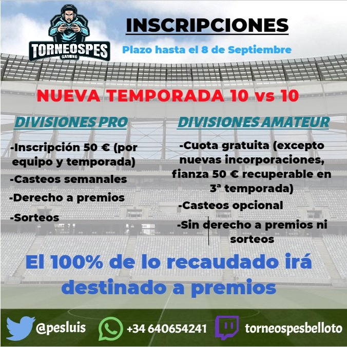 Buenas tardes últimas plazas para las nuevas temporadas de la web animaros la vamos a organizar bien grande <a href="/Halcones_tpes/">halcones torneospes</a> @Poseidonleague @Elvis_Tarbos @entregados_pes <a href="/e_PESPRO/">PESPRO | eSports 10vs10 Leagues</a> <a href="/QLASH_NEWERA/">QLASH NewEra</a> <a href="/HFPLeague11vs11/">HFP Legendary League 11vs11</a> <a href="/CaelumPeSports/">CaelumPes eSports</a> #10vs10