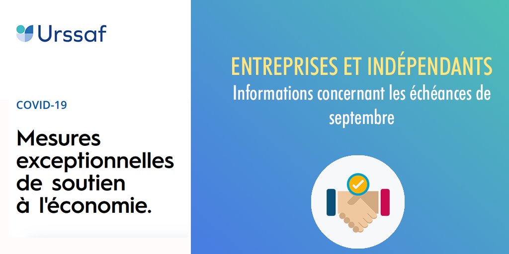urssaf's tweet photo. Afin de tenir compte des conséquences de la crise sanitaire, des mesures exceptionnelles ont été déclenchées ces derniers mois pour accompagner la trésorerie des #entreprises et des #indépendants.
Ces mesures évoluent pour les échéances de septembre : https://t.co/5HgxFJKjof https://t.co/dNb76sGsvz