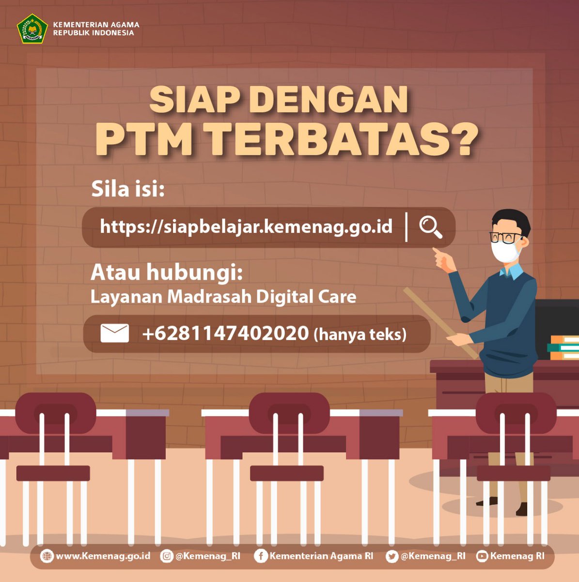 Kemenag_RI's tweet photo. Madrasah siap belajar tatap muka terbatas?

Sila isi dulu data melalui portal

https://t.co/Er1W8bSHIO

Dokumen Surat Edaran dan Panduan dapat diakses melalui: Madrasah Digital Care di 081147402020 (hanya teks)

#MadrasahReform
#MadrasahMandiriBerprestasi
#MadrasahDigitalCare https://t.co/dtOfEuG1iR