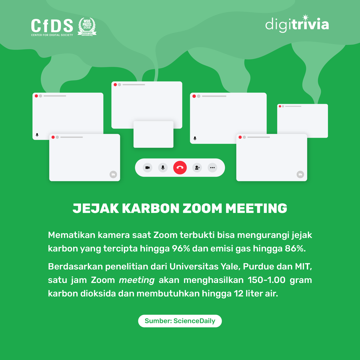 cfds_ugm's tweet photo. Ternyata, mematikan kamera selama menggunakan Zoom dapat mengurangi jejak karbon yang dihasilkan lho, Smart People! #digitrivia https://t.co/JrapiUBWEv