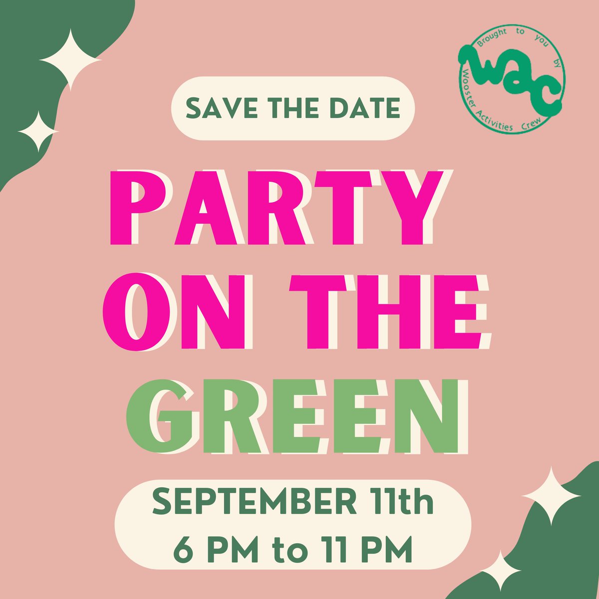 WACWooster's tweet image. Save the Date! Next Saturday is PARTY ON THE GREEN out outdoor concert. This year we will have 3 bands, inflatables, and snacks. So make your calendars and get pumped! Give us your best guesses to who you think the headliner might be.