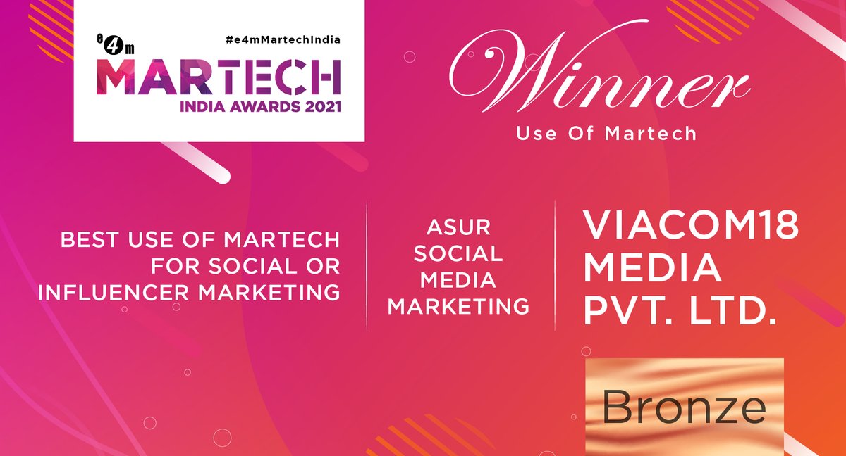 Congratulations to Team 'Viacom18 Media Private Limited' on Winning the Bronze Award in the category 'Best Use of Martech for Social or Influencer Marketing' at the e4m Martech India Awards 2021. @viacom18 @Sapangeet @anuragbatrayo @nawalahuja @RenAameen 

#e4mMartechIndia