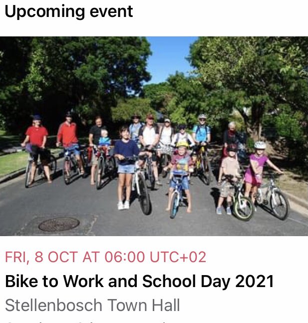 One month to go! Join us on Bike to work and School day on October the 8th. More info on our Facebook page. Stof af daai fiets en trap saam. #cycleStellenbosch #Biketowork