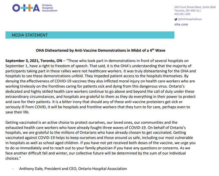 OntHospitalAssn's tweet photo. We're disheartened by the anti-vaccine rallies that took place in front of hospitals this week. Getting vaccinated against COVID-19 helps keep ourselves and those around us safe, including our most vulnerable in hospitals as well as school aged children. https://t.co/g6yuvuLlG8 https://t.co/bbOMTRxTeN