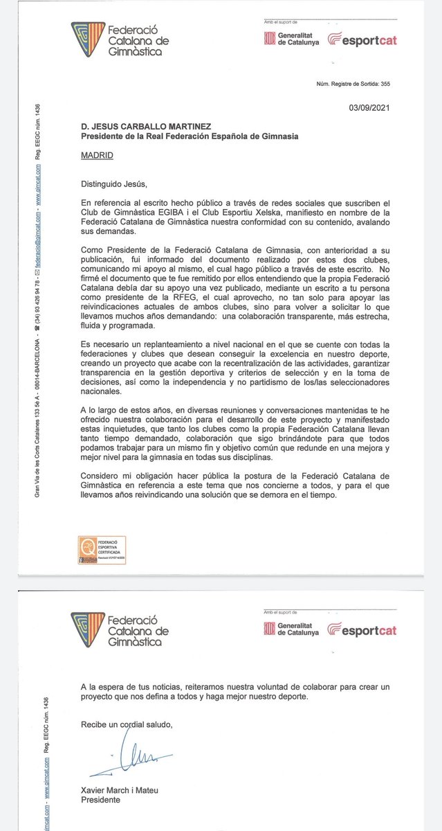 Com es va acordar amb el CG EGIBA que es faria una vegada ells fessin públic el seu escrit.

Des de la Federació Catalana de Gimnàstica us fem coneixedors del nostre posicionament així com de la demanada a la RFEG d'un projecte transparent i comú per la gimnàstica espanyola.