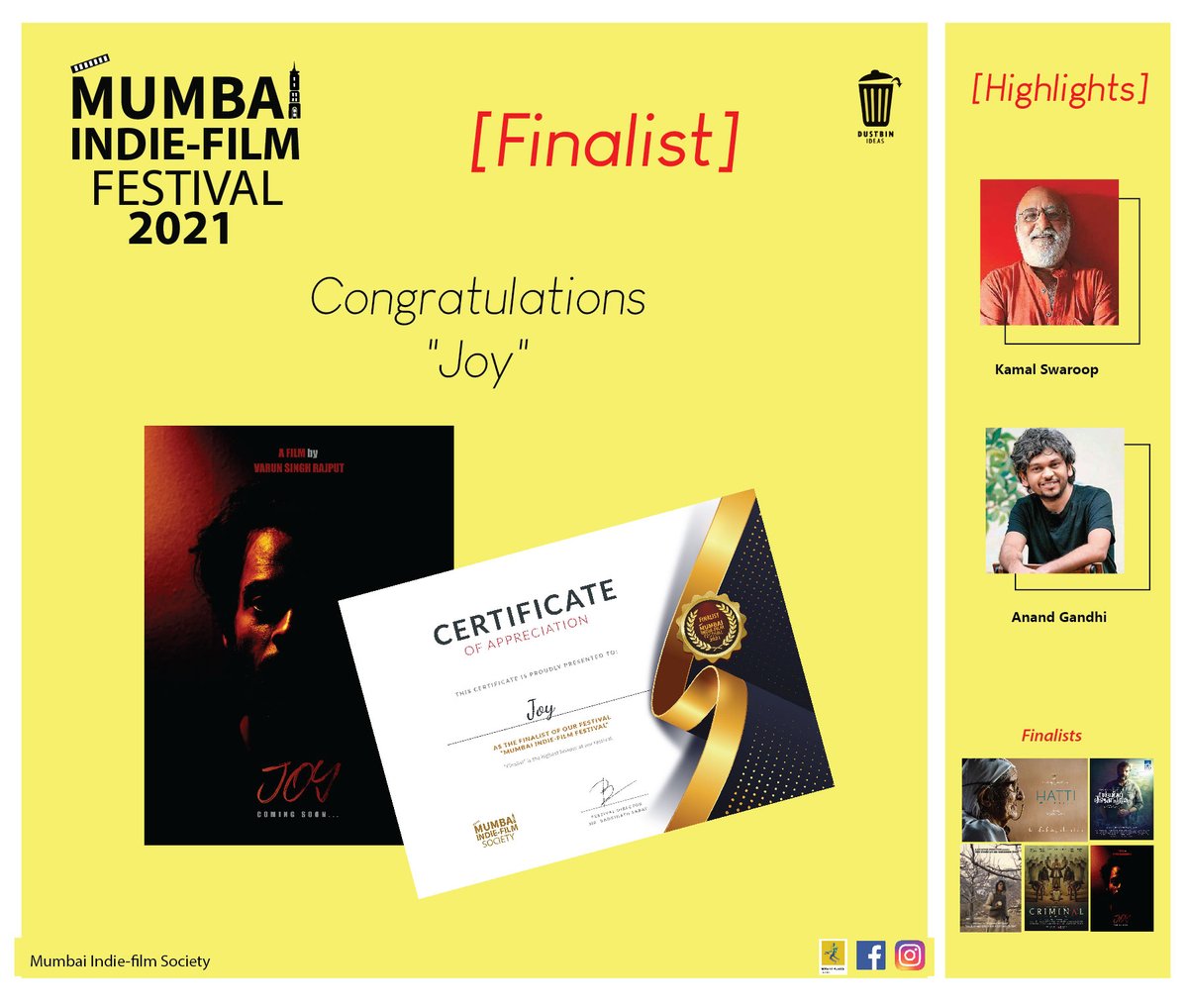 'Joy'
A film, that will make you experience the difference...
#CongratulationsTeam #JoyTheFilm #Mumbaiindiefilmfest21 #Mumbaiindiefilmsociety #Finalist #CertificateOfAppreciation 
@VijayMishradop @TarunAgarwalPro
 @BadrinathSabat @VijayMishradop
@BoishaliSinha