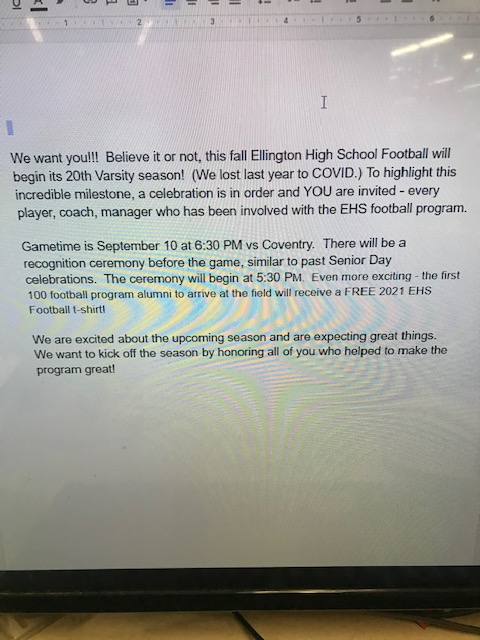 All Alumni are needed for a celebration of our 20 Varsity season of football at Ellington High School!!!