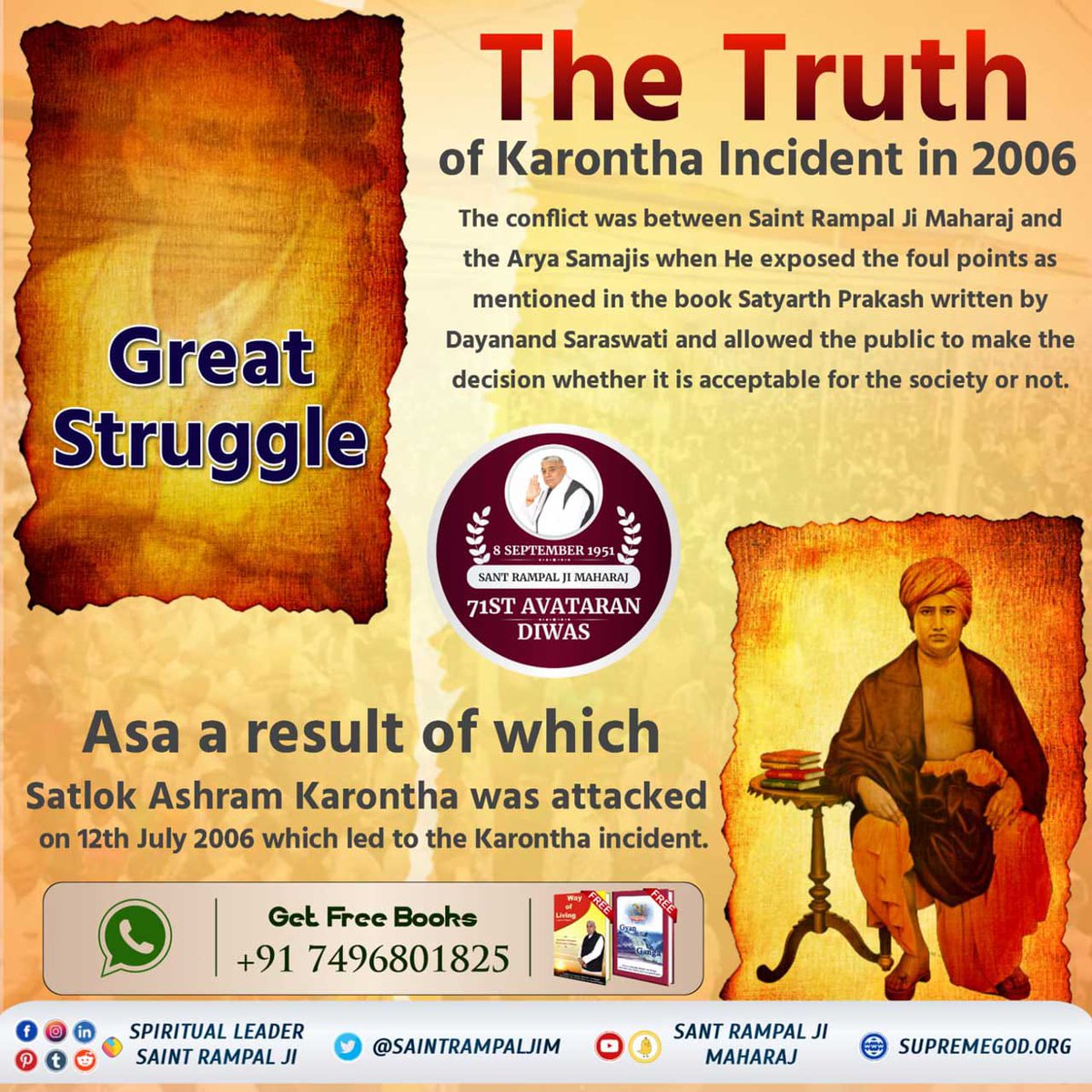 MK_OFFICIAL_56's tweet photo. #TheStruggleForTruth
In order to spread the true knowledge to the masses, Sant Rampal Ji Maharaj ji conducted satsangs from village to village, city to city day and night and exposed the ignorance spread by fake gurus to the public.  
5 Days to go for Avataran Diwas https://t.co/gQ9EdSnIdM