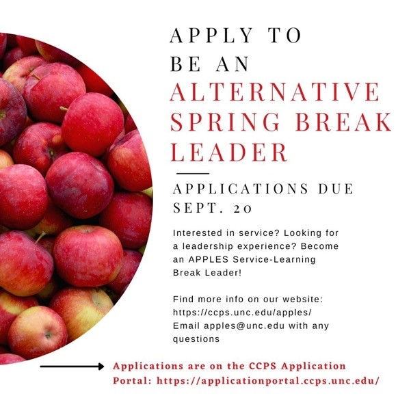 UNC_APPLES's tweet image. Have you been on an APPLES Alternative Break? Well, there’s an opportunity to lead your own break! Apply to be an Alternative Spring Break Leader by 9/20/2021 on the CCPS Portal.

Email apples@unc.edu if you have any questions! Excited to see your application :)