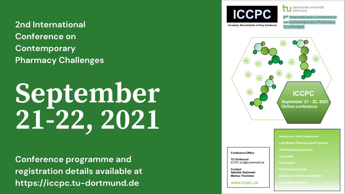 LongActNow (@longactnow) on Twitter photo There is still time to register for the online 2nd International Conference on Contemporary Pharmacy Challenges hosted by <a href="/longactnow/">LongActNow</a> partners <a href="/TU_Dortmund/">TU Dortmund</a>.
<a href="/SSPCentre/">SSPC</a> <a href="/ChemicalSciUL/">Chemical Sciences UL</a> <a href="/MSCActions/">Marie Skłodowska-Curie Actions</a>
iccpc.tu-dortmund.de There is still time to register for the online 2nd International Conference on Contemporary Pharmacy Challenges hosted by <a href="/longactnow/">LongActNow</a> partners <a href="/TU_Dortmund/">TU Dortmund</a>.
<a href="/SSPCentre/">SSPC</a> <a href="/ChemicalSciUL/">Chemical Sciences UL</a> <a href="/MSCActions/">Marie Skłodowska-Curie Actions</a>
iccpc.tu-dortmund.de