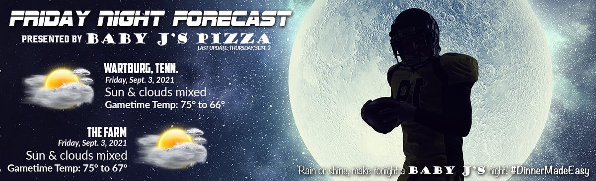 IHVarsity's tweet photo. Tonight's #FridayNightForecast is presented by Baby J's Pizza and it's going to be a beautiful night for football! Whether you're headed to Wartburg or The Farm tonight, make it a Baby J's night! #DinnerMadeEasy https://t.co/ZXwPC0ppKi