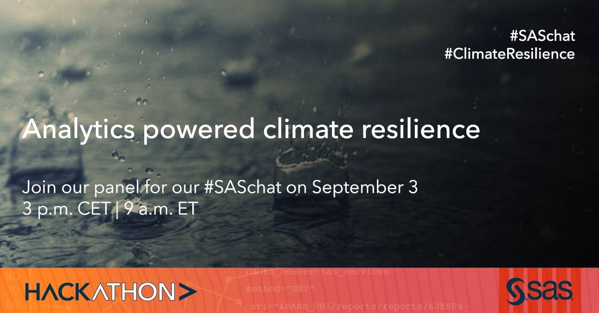 sasforums's tweet photo. Hello and welcome to our chat on analytics powered #climateresilience
Please introduce yourself and don't forget to use #SASchat and #Silobusting in all your tweets to be a part of the conversation ! Have fun ! https://t.co/PkupaxJ036