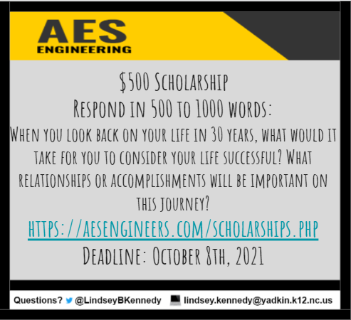 LindseyBKennedy's tweet photo. Don't miss this deadline of October 8th for the AES Scholarship! You do not have to be an engineering major to apply -- this scholarship is open to all students! ππ΅ #FreeMoneyFriday @ForbushHS #FHS22 https://t.co/PpoVUe5q0W