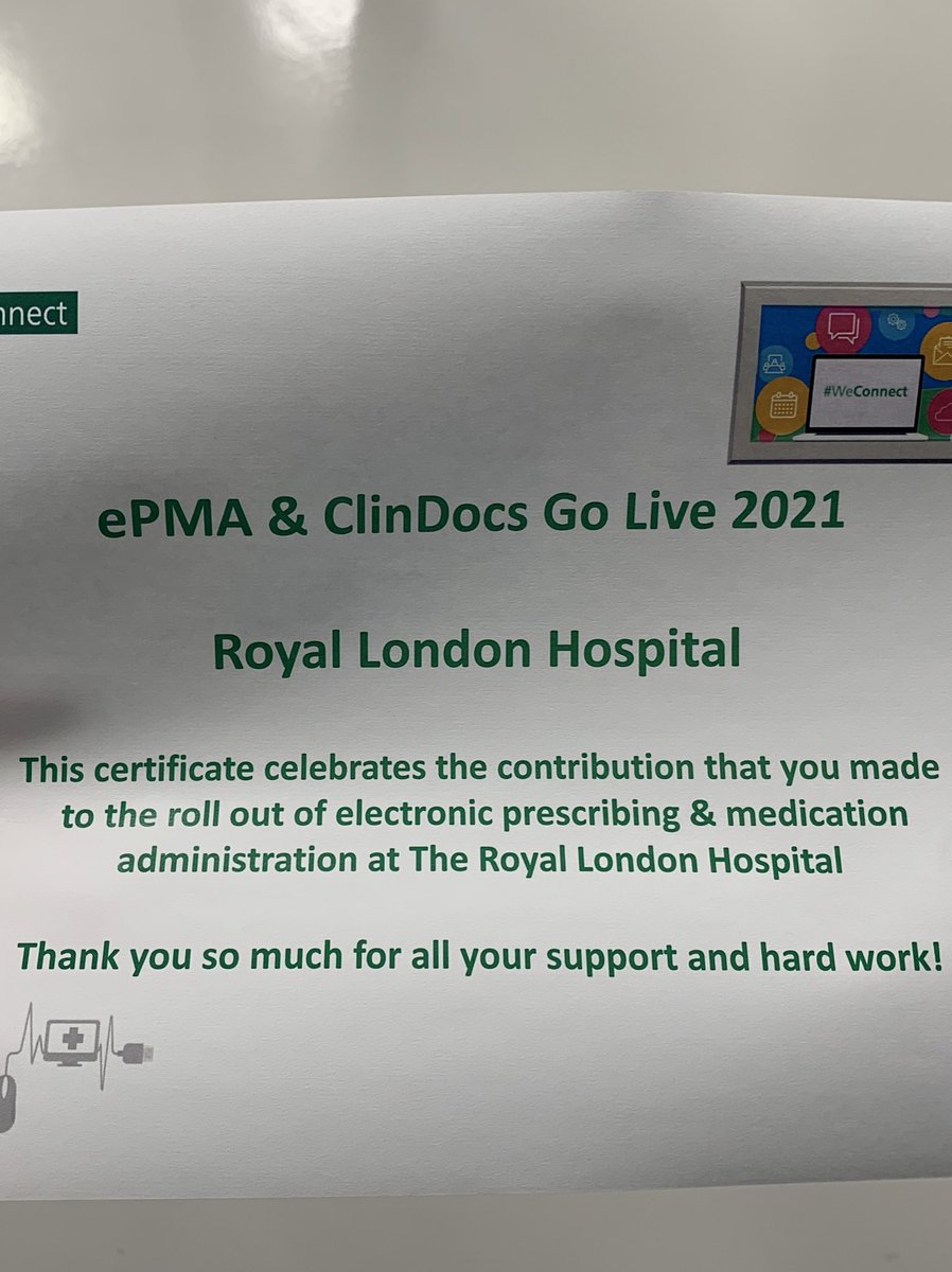 Bell_Lotte's tweet photo. Day 5 of the EPMA rollout and we have smashed it! Also lovely for our hard work this week to be acknowledged. Looking forward to the next rollout! @BHWeConnect @charlottehopk1n @Car0line_A @BH_Pharmacy @NHSBartsHealth @Ral_sez @louisechicks1 #cerner #epma https://t.co/D24cQ7sOlS
