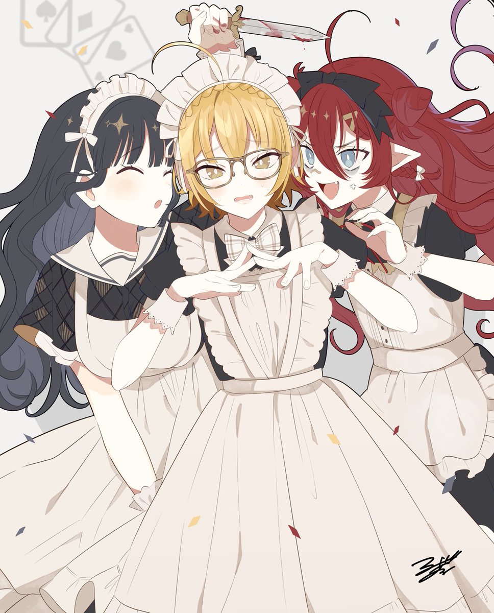 multiple girls 3girls blonde hair knife maid headdress long hair maid  illustration images