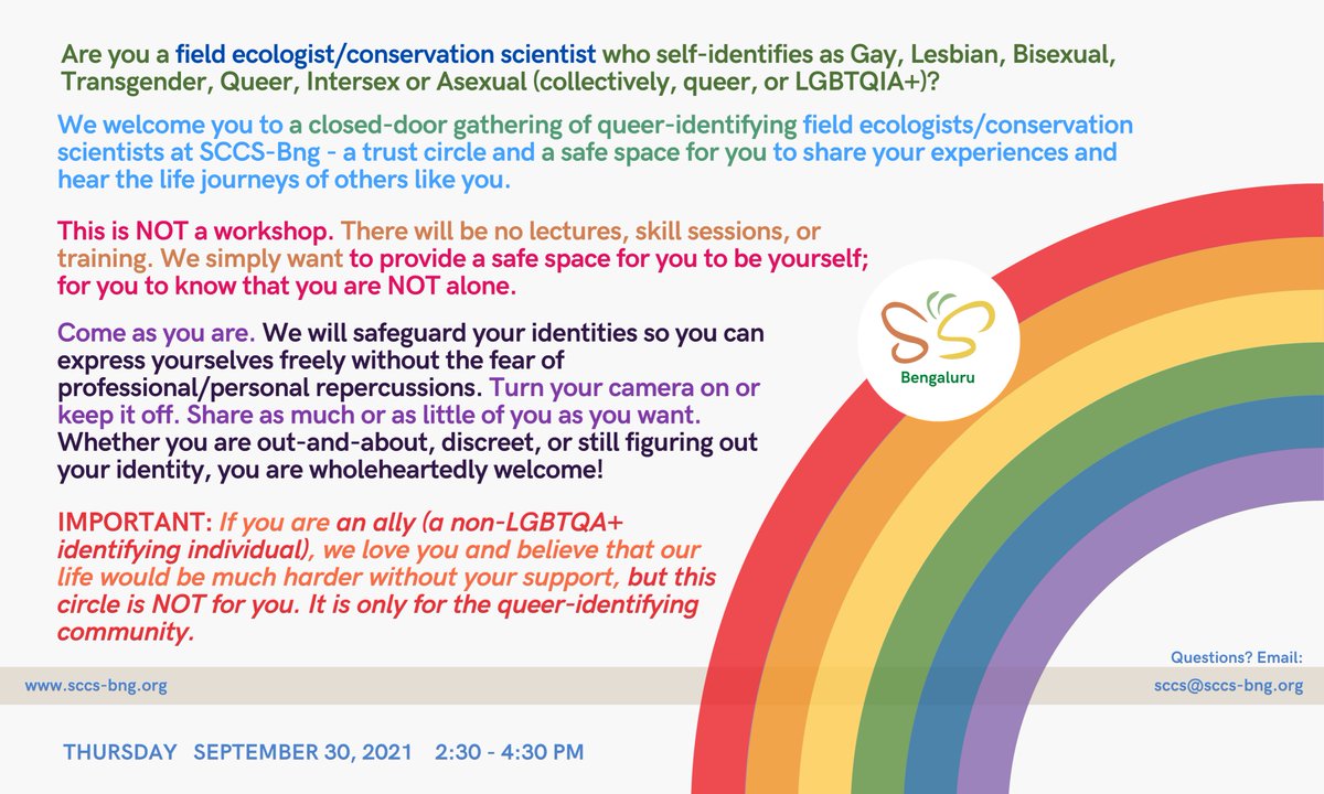 We're doing something new & much needed this time at SCCS-Bng. 
Read and IF you fit into this demographic, join in. sccs-bng.org/workshop_regis…

#LGBTQIAWeAreOne #LGBTQIA #LGBTQIA2021 #sccsbng #queer #safespace #SharingsCaring #trust #conservation #conservationoptimism #virtualevent