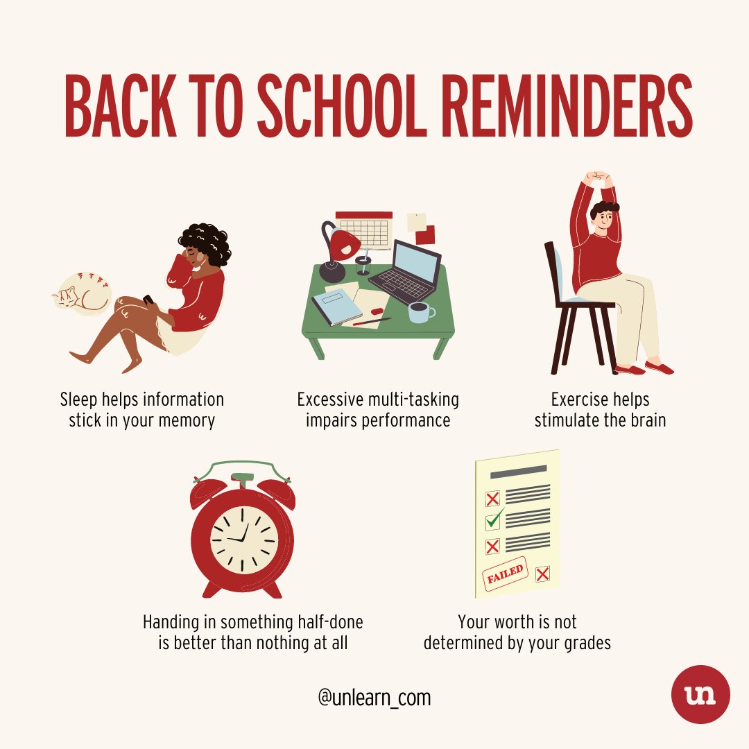 Here are some tips to help those returning to school to reduce stress and optimize learning. What are some other tips you can think of?

#unlearn #wellness #selfcare #backtoschool #mentalhealth #selfcaretips