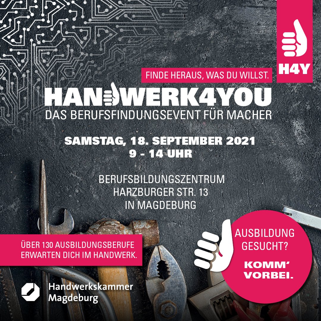 Wir freuen uns sehr, dass die HANDWERK4YOU am 18. September 2021 im BBZ wieder in Präsenz stattfinden wird! 🤩 Also kommt vorbei! Egal ob Schüler, Azubi, Fachkraft oder noch unentschlossen - wir unterstützen dabei, den Weg ins Handwerk zu gehen.

#handwerk4you #sachsenanhalt