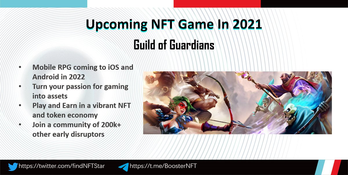 findNFTStar's tweet photo. The upcoming mobile RPG #NFT —— Guild Of Guardians! @GuildOfGuardian 

🔥Players can build their dream team of ‘Guardians’ and compete in a guild to earn epic rewards. 
Exclusive founder gaming collectible NFTs can be bought now!🥳
#RPG #GameFi #PlayToEarn https://t.co/51RNgTTpUl