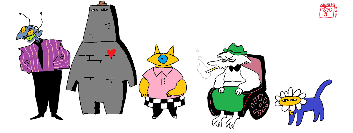 rummaging through my stuff rn and I came across some doodles about a cast of ocs called "The people you never want to meet" I made a bit back where they all live in a apartment together and all "hate" each other 
