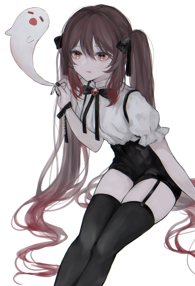 hu tao (genshin impact) 1girl twintails thighhighs ghost long hair brown hair garter straps  illustration images