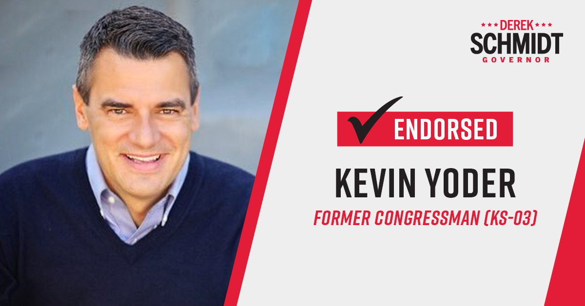 DerekSchmidtKS's tweet image. Fmr. Congressman @KevinYoder has endorsed our campaign! Thank you Kevin for your support, your friendship, and your many years of service to our state!