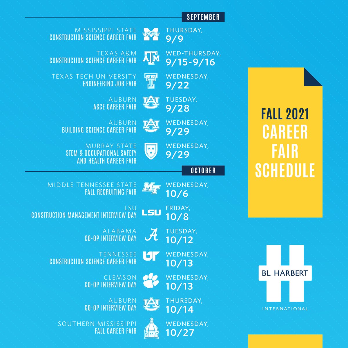 [COLLEGE STUDENTS] Our college recruitment tour kicks off next week! Up first: Mississippi State. If you're a student majoring in building, construction, or an engineering-related curriculum — we'd love to meet you!

#TEAMBLHI #BYFMBOT #BuildAnythingAnywhere