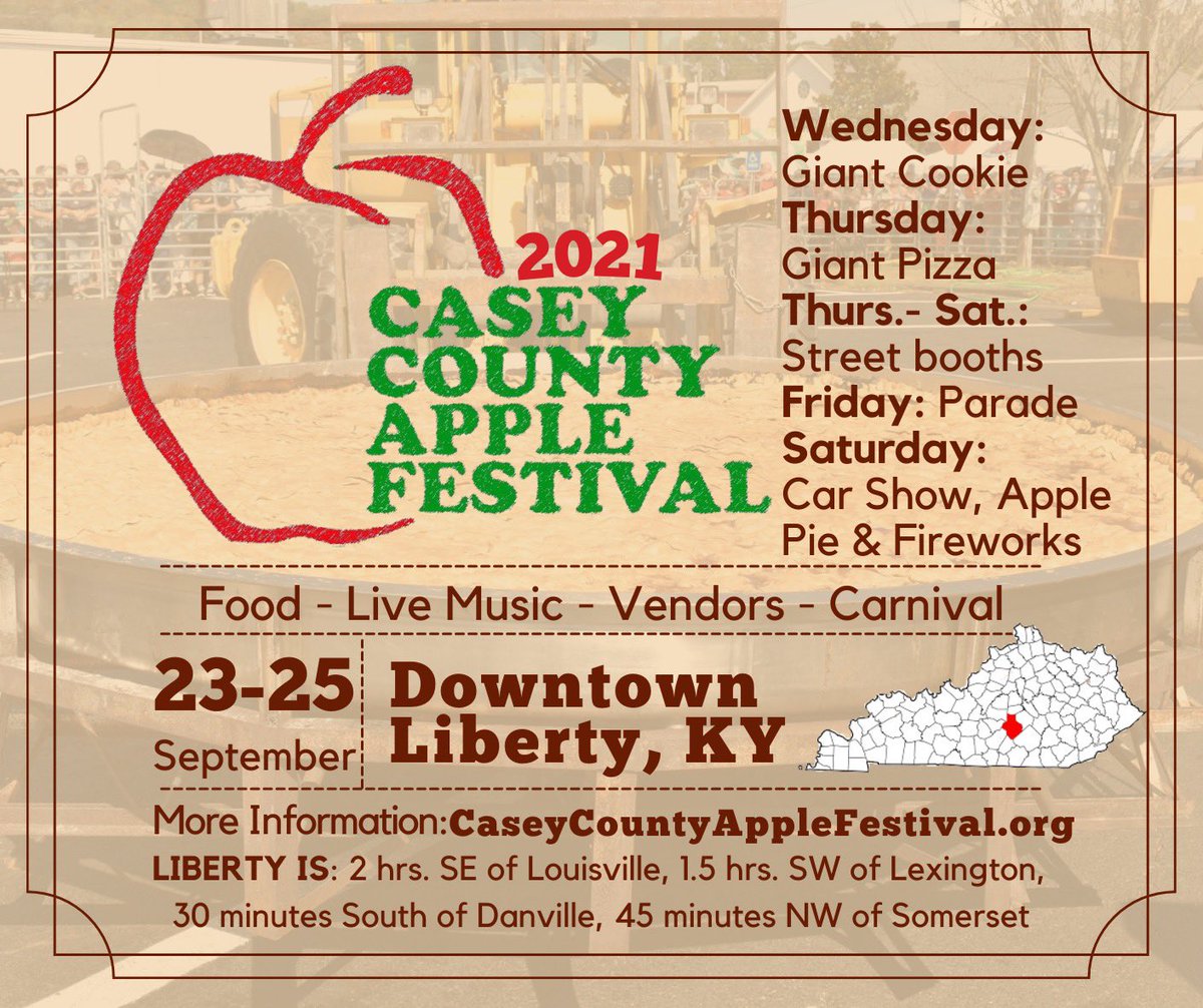 liberty_ky's tweet photo. The 2021 #CaseyCounty #AppleFestival is coming soon! Come and enjoy a piece of our famous 10-foot #ApplePie, right here in #CentralKentucky!
Schedule: https://t.co/oj95LycYt9
Festival Info: https://t.co/u548nMHbdw
#festival #fallfestival #livemusic #travelky #kytourism https://t.co/g5yAEWMLIi