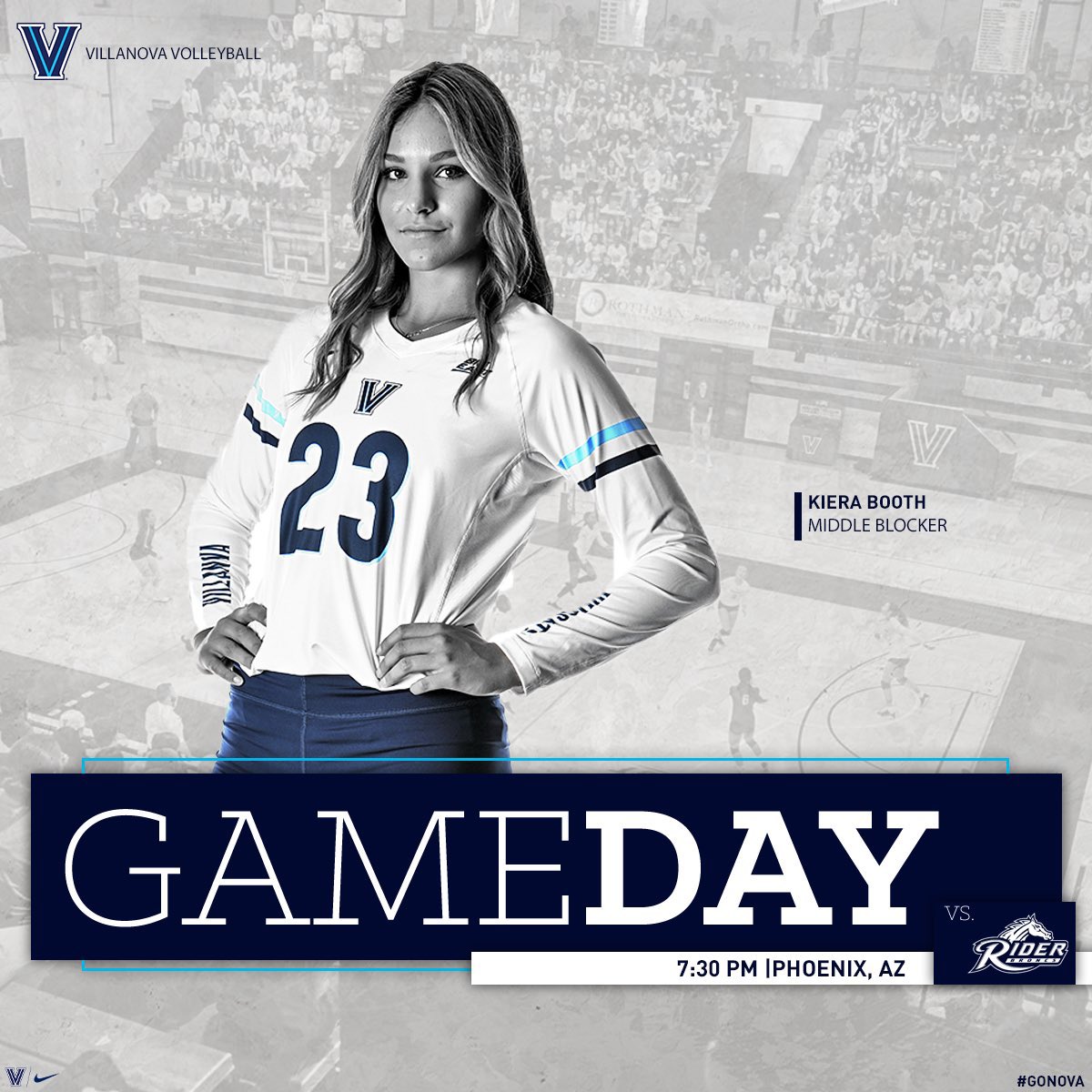 TheWizOfOz11's tweet photo. Berlin graduate Kiera Booth is featured on Villanova’s game day graphic. The Wildcats are in Phoenix, Arizona and will play Rider (won 3-1 last weekend), Western Carolina and Grand Canyon over the next three days. Booth has 22.5 points, 18 kills (.316) and 9 blocks in 3 matches. https://t.co/y6HbDgHLSK