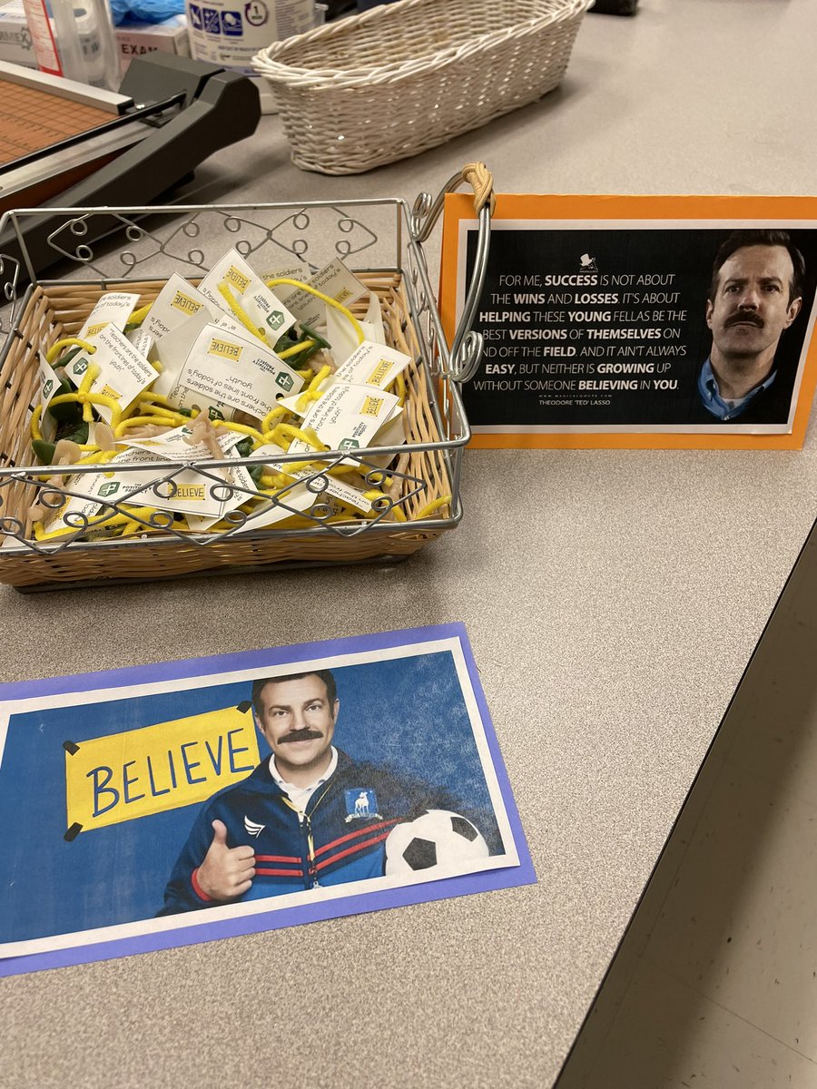 DudekChristine's tweet photo. Grateful to be a @PosProject partner school for the 4th year. Kicking off w/ a Ted Lasso theme. “Teachers are the soldiers on the front lines of today’s youth”. @ErwinRWB #Believe @TedLasso @WakeSchCounslor @ReedyCreekElem if you are a fan, you get it. 😁💚 https://t.co/aFvrLQf50t