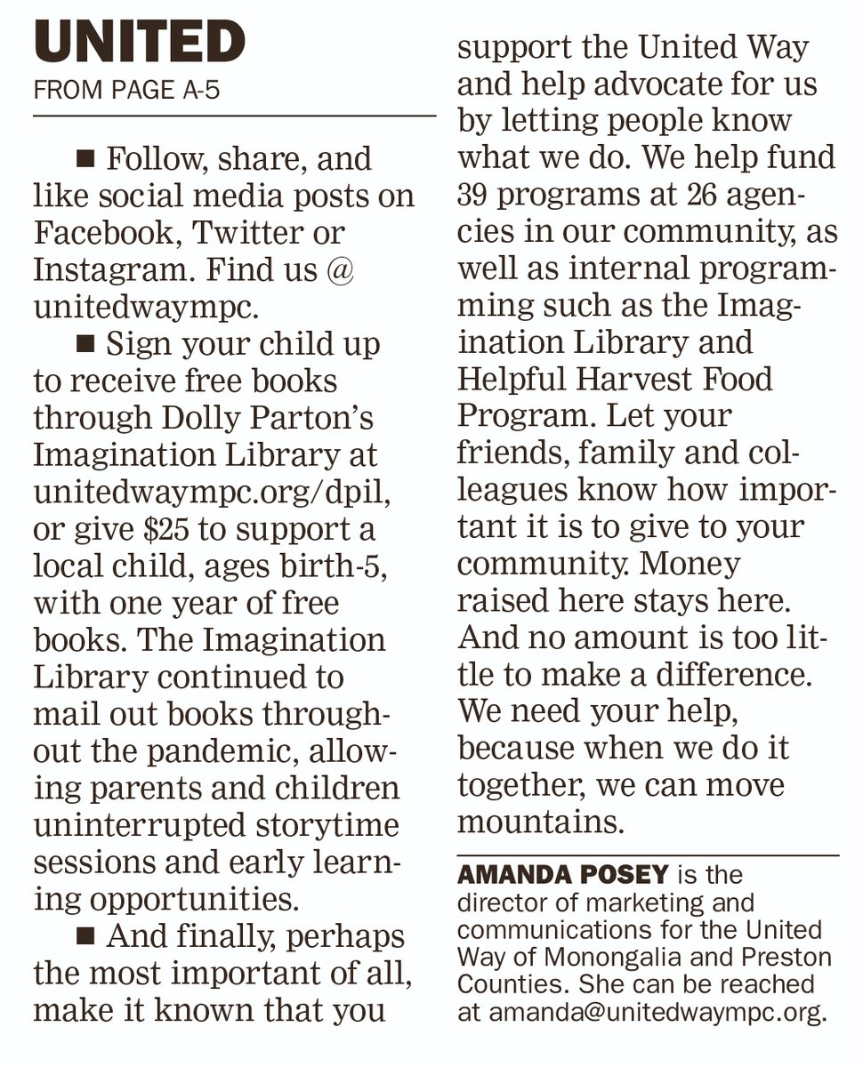 Our 2022 United Way Campaign kicks off next Friday! Did you see our column in today's <a href="/DominionPostWV/">The Dominion Post</a> about it?
Check it out at dominionpost.com!
#LiveUnited #movemountains2022