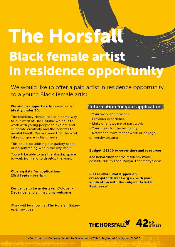 PAID opportunity for a Black female artist under 30.  

Residence Oct – Dec
All mediums welcome

Deadline 23rd Sep @ 5pm

£1200 budget

Email Create@42ndstreet.org.uk

Pls RT <a href="/ILoveMCR/">I Love Manchester</a> <a href="/MCR_Charity/">We Love MCR Charity</a> <a href="/ArtBattleMCR/">Art Battle Manchester</a> <a href="/OfficialUoM/">The University of Manchester</a> <a href="/MMUEqualities/">Man Met Equality & Diversity</a> <a href="/ManMetUni/">Manchester Metropolitan Uni</a> <a href="/loretocollege/">Loreto College Manchester</a> <a href="/SalfordUni/">University of Salford</a>