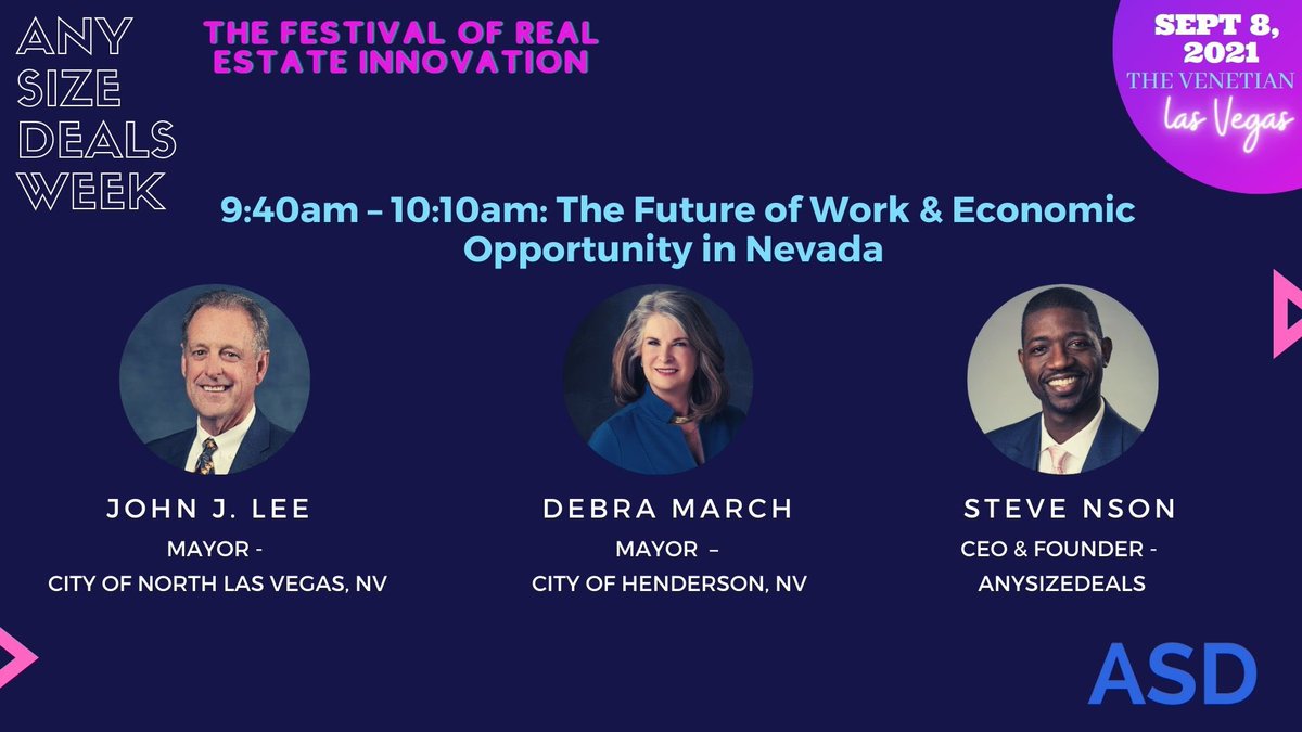 Join Mayor <a href="/debra_march/">Debra March</a> of <a href="/cityofhenderson/">City of Henderson</a> and <a href="/MayorJohnLee/">John Lee</a> of <a href="/CNLV/">City of North Las Vegas</a> @ 9:40am on Sept 8 during #AnySizeDealsWeek - The Festival of #RealEstate #Innovation at <a href="/VenetianVegas/">The Venetian Resort Las Vegas</a>  

Moderated by <a href="/nson_legend/">Steve Nson</a> 
Last ☎️ 🎟 👉 lnkd.in/e32ZCdr

 #futureofwork #mayors #nevada #tech