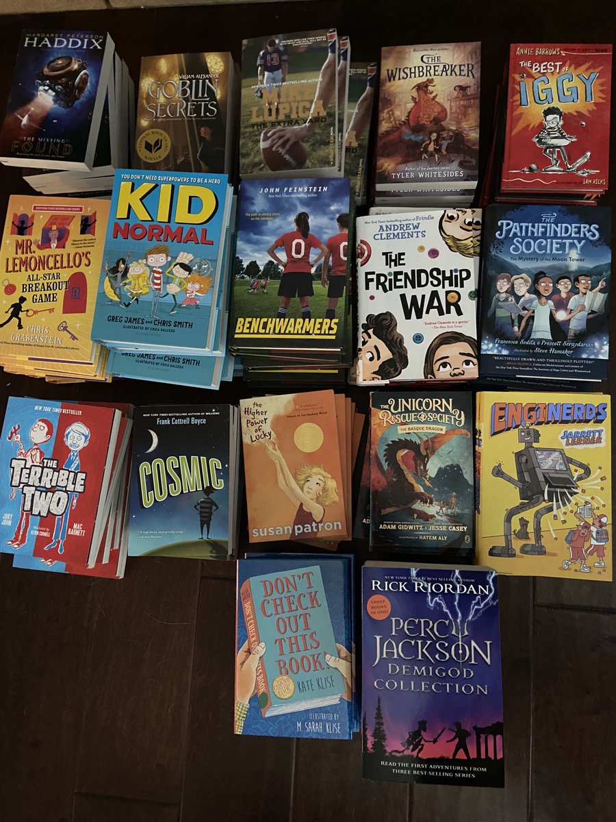 Super excited to receive the sets of books to donate to ⁦@MrBlumfieldLMS⁩ fifth grade class for Lit Circles.  Can’t wait to build his collection even more!