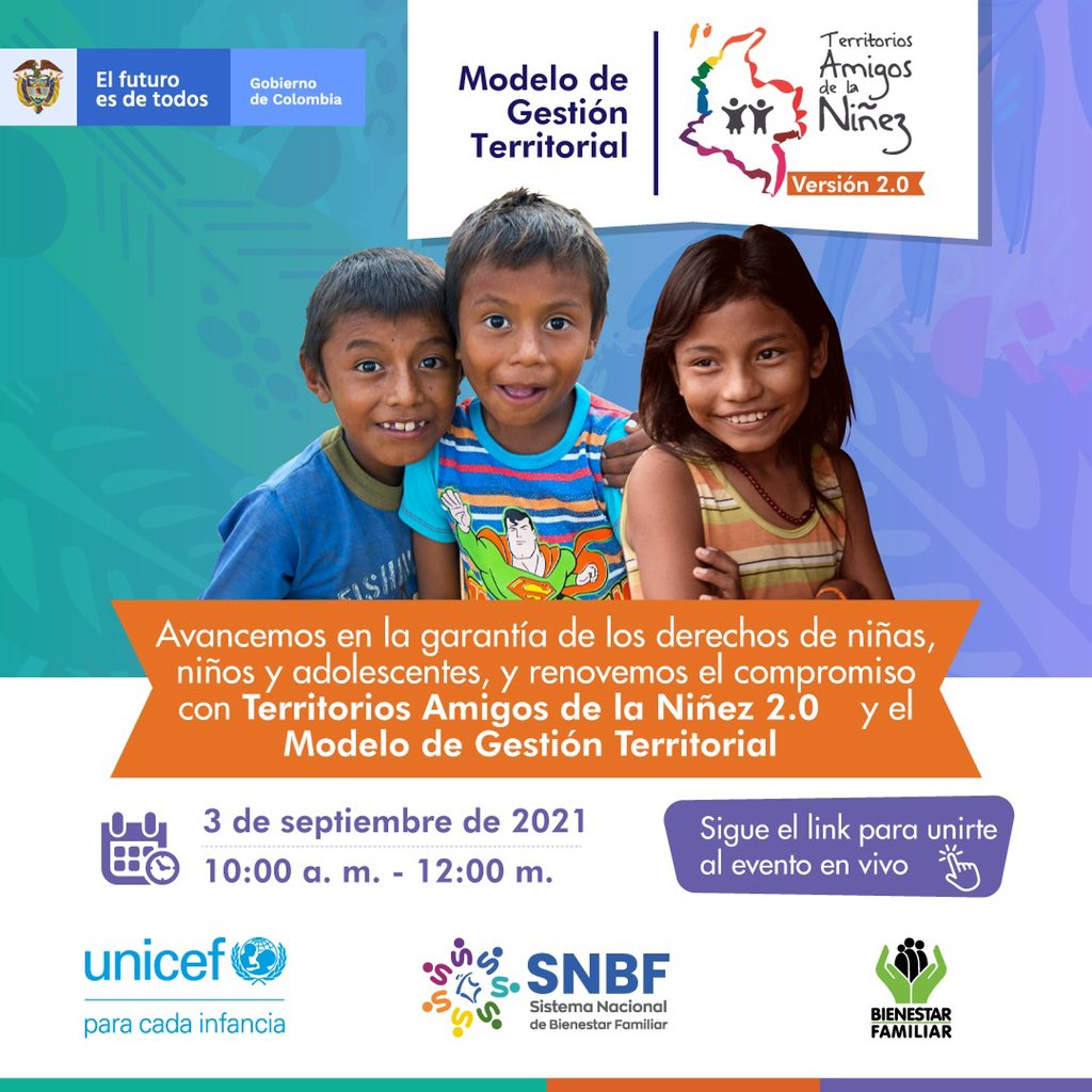 ICBFColombia's tweet photo. Los invitamos a unirse al evento virtual por la plataforma Teams de convocatoria a la estrategia #TerritoriosAmigosDeLaNiñez (TAN) 2.0 en el marco del Modelo de Gestión Territorial. Dale clic al link y conéctate: https://t.co/zOZ2SOYVyy https://t.co/bfs8lv2Mmx